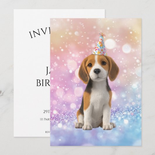 Beagle Sparkly Birthday 招待状 (正面/裏面)