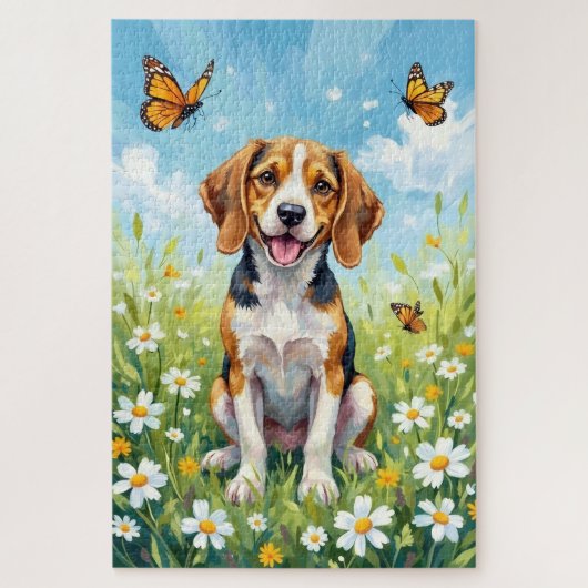 Beagle Spring Meadow Floral Dog ジグソーパズル (縦)