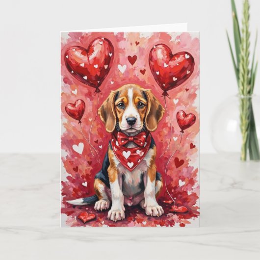 Beagle Valentine’s Day Dog with Hearts Red カード (正面)