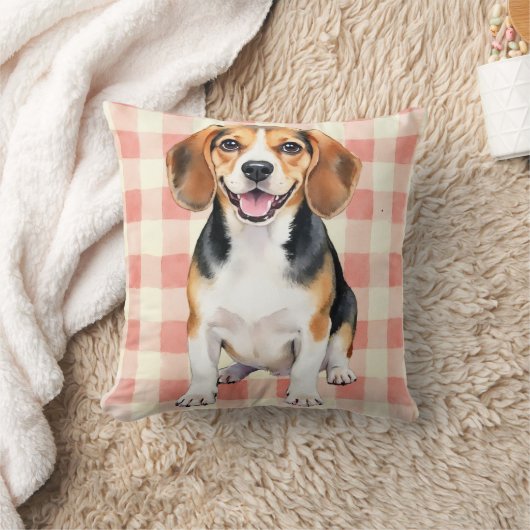 Beagle Watercolor Gingham Pattern Art クッション (ブランケット)