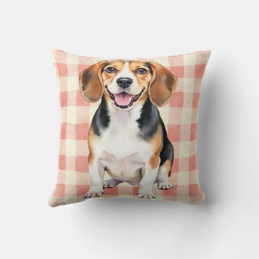 Beagle Watercolor Gingham Pattern Art クッション (裏面)