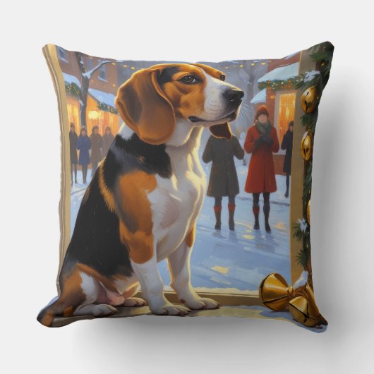Beagle With Christmas Lights Holiday クッション (正面)