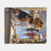 Beagle With Christmas Lights Holiday フリースブランケット (正面(横))