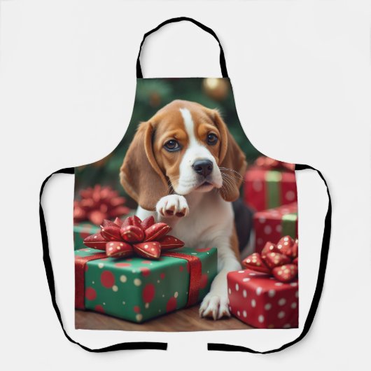Beagle Wrapping Gifts Christmas Painting エプロン (正面)