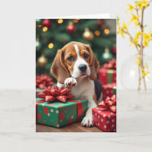 Beagle Wrapping Gifts Christmas Painting カード (黄色い花)