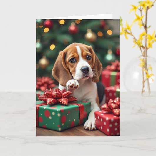 Beagle Wrapping Gifts Christmas Painting カード (黄色い花)