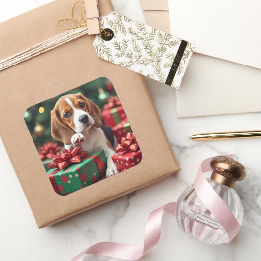 Beagle Wrapping Gifts Christmas Painting スクエアシール (ギフト)