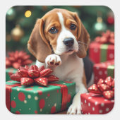 Beagle Wrapping Gifts Christmas Painting スクエアシール (正面)