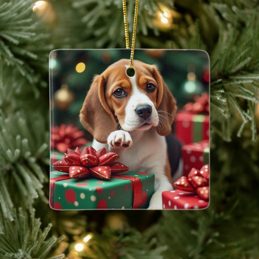 Beagle Wrapping Gifts Christmas Painting セラミックオーナメント (ツリー)