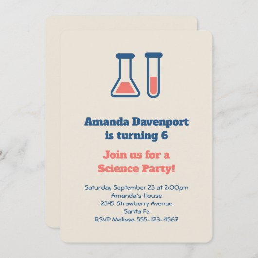 Beaker & Test Tube Scienceをテーマにした誕生日 招待状 (正面/裏面)