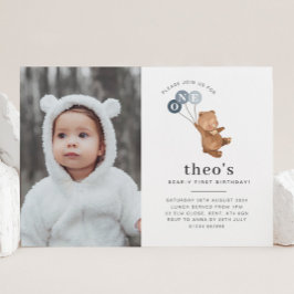 Bear 3 Blue Balloons Photo 1st Birthday招待状 招待状