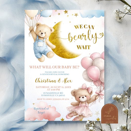 Bear and balloon Gender Reveal Invitation 招待状