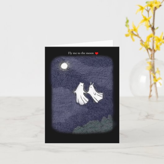 Bear and Bunny Ghosts Flying to the Moon Halloween カード (黄色い花)