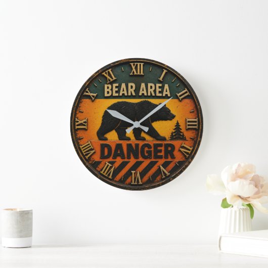 Bear Area Danger Camping & Hunting Gift ラージ壁時計 (ホーム)