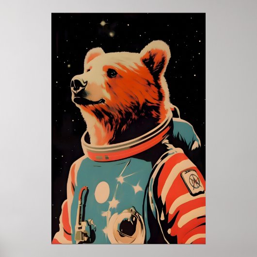Bear Astronaut Poster, Bear Retro Print, Brown ポスター (正面)