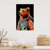 Bear Astronaut Poster, Bear Retro Print, Brown ポスター (キッチン)