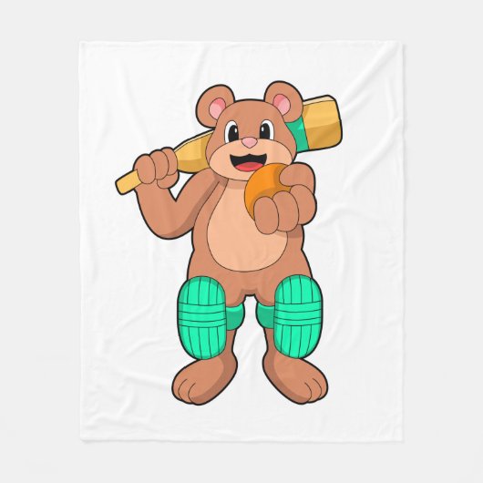 Bear at Cricket with Cricket bat フリースブランケット (正面)