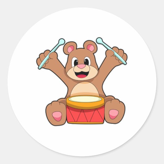 Bear at Music with Drum ラウンドシール (正面)