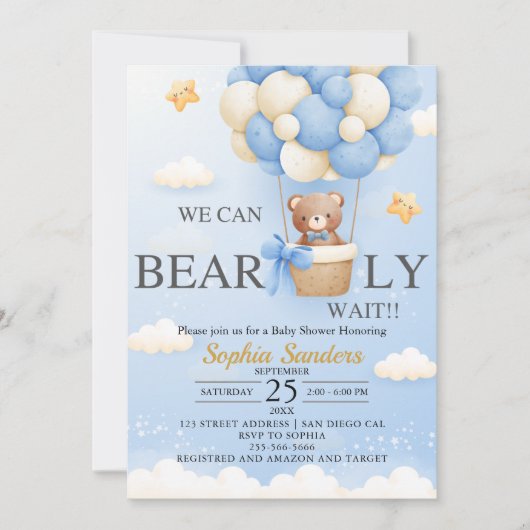 Bear Baby Shower for Boy | We Can Bearly wait 招待状 (正面)