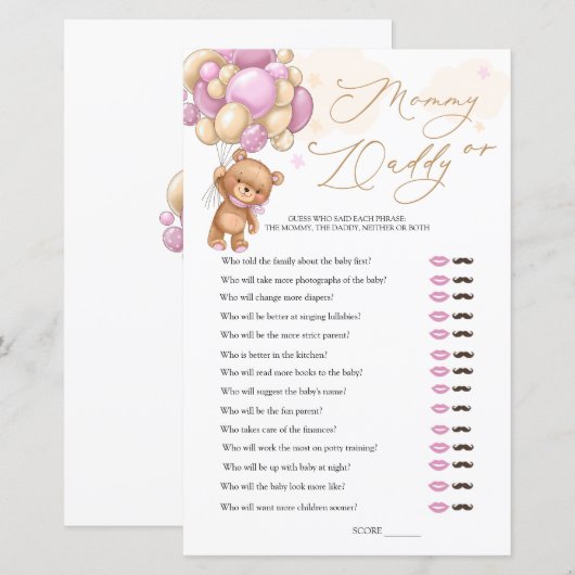Bear Baby Shower Game Guess Who Mommy or Daddy (正面/裏面)
