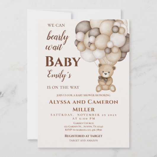 Bear Baby Shower Girl Invitation 招待状 (正面)