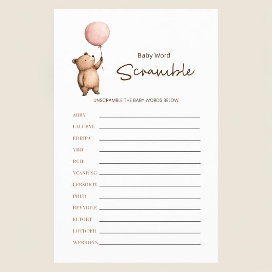 Bear Baby Shower Word Scramble Game Flyer チラシ