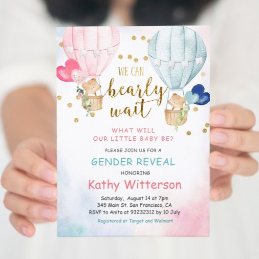 Bear Balloon Gender Reveal Baby Shower Invitation 招待状