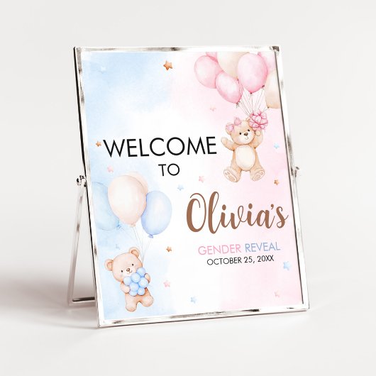 Bear Balloon Gender Reveal Welcome Sign ポスター
