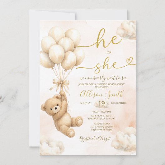 Bear Balloon He or She Gender Reveal Invitation 招待状 (正面)