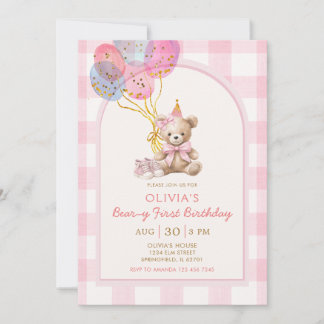 Bear Balloon Pink Gingham Beary First Birthday 招待状