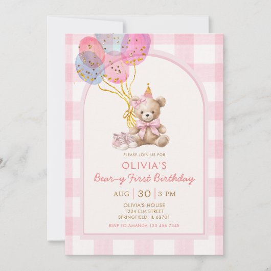Bear Balloon Pink Gingham Beary First Birthday 招待状 (正面)