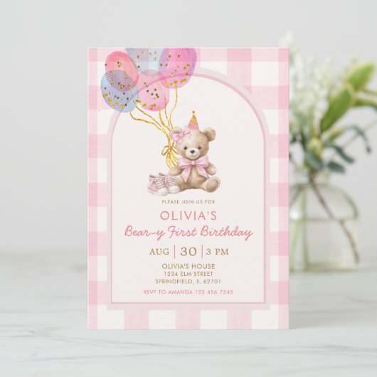 Bear Balloon Pink Gingham Beary First Birthday 招待状 (スタンド正面)