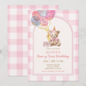 Bear Balloon Pink Gingham Beary First Birthday 招待状 (正面/裏面)