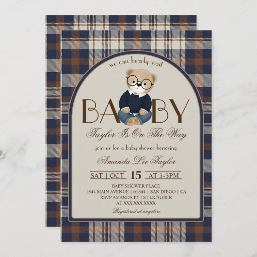 Bear Bearly Wait Luxury Boy Baby Shower 招待状 (正面/裏面)