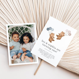 Bear Boy Girl Twins – 写真1st Birthday 招待状