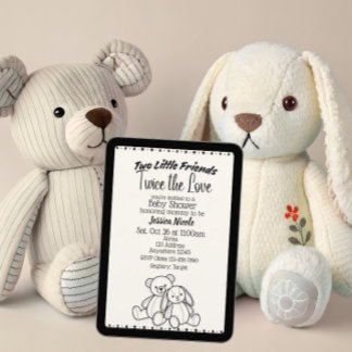 Bear & Bunny Stuffies Twin Baby Shower 招待状