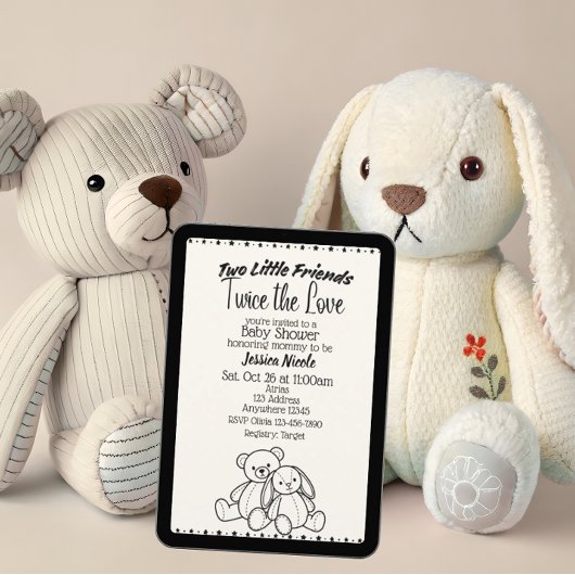 Bear & Bunny Stuffies Twin Baby Shower 招待状