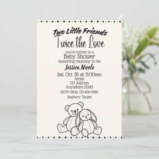 Bear & Bunny Stuffies Twin Baby Shower 招待状 (スタンド正面)