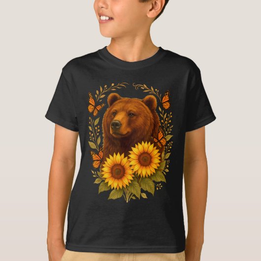Bear Butterfly Nature Rustic Sunflower Monarch Art Tシャツ (正面)