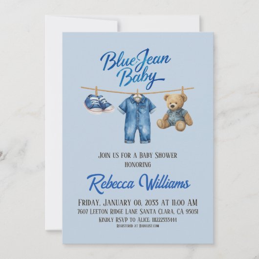 Bear Clothesline Blue Jean Baby Denim Baby Shower 招待状 (正面)