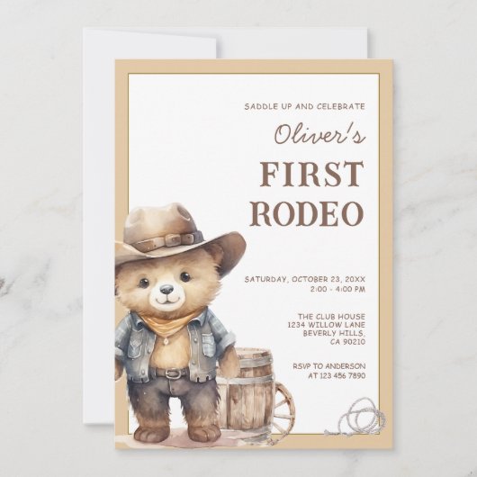 Bear Cowboy Western First Rodeo Birthday 招待状 (正面)