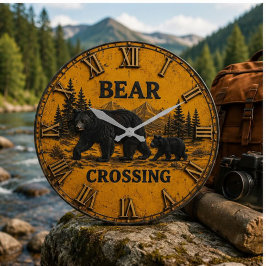 Bear Crossing Cabin Mountain Wildlife Gift ラージ壁時計
