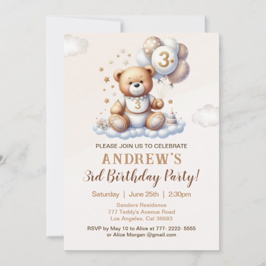 Bear Cute 3rd Birthday Party – Brown Teddy Bear 招待状 (正面)