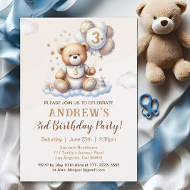 Bear Cute 3rd Birthday Party – Brown Teddy Bear 招待状