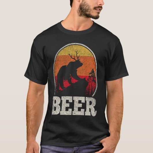 Bear Deer Antlers Funny Craft Beer Retro Graphic Tシャツ (正面)