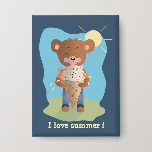 Bear Eating Ice Cream Rectangular Pin Button 缶バッジ (正面)