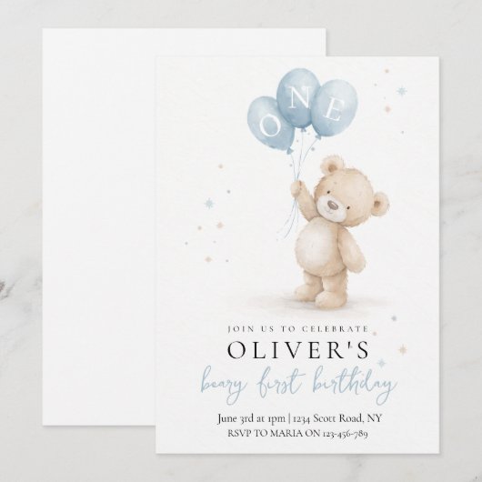 Bear First Birthday Invitation 招待状 (正面/裏面)