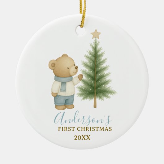Bear First Christmas Keepsake for Baby Boy セラミックオーナメント (正面)