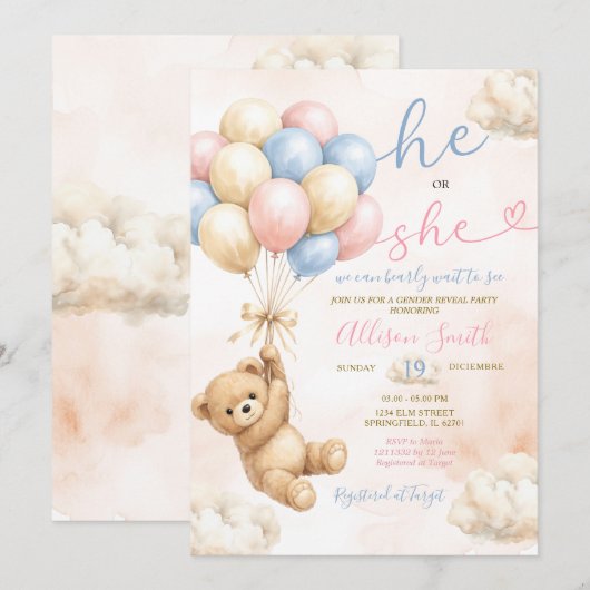 Bear Gender Reveal Pink and Blue Balloon 招待状 (正面/裏面)