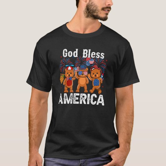 Bear God Bless America 4th Of July Cute Boys Girls Tシャツ (正面)